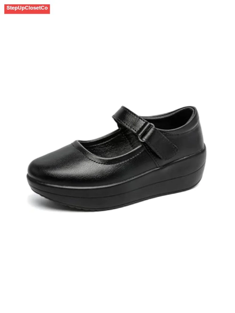 Platform Wedge Mary Jane Shoes - Faux Leather Round Toe Ankle Strap Wide Width